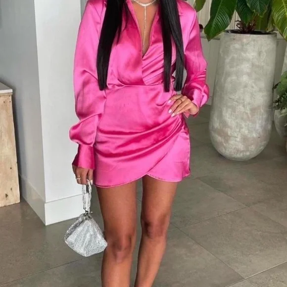 Zara Valentine’s satin pink long sleeve wrap mini dress coctail Wedding party - Picture 8 of 13